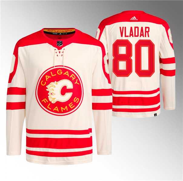 Mens Calgary Flames #80 Daniel Vladar 2023 Cream Classic Primegreen Stitched Jersey Dzhi